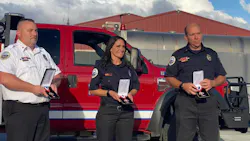 Harrisburg, OR, Fire Chief Bart Griffith (left), firefighter Aleshia DeLanoy and Capt. Matt McCarl received Medals of Honor for the rescue of a 61-year-old man during a 2019 house fire. Harrisburg, OR, Fire Chief Bart Griffith (left), firefighter Aleshia DeLanoy and Capt. Matt McCarl received Medals of Honor for the rescue of a 61-year-old man during a 2019 house fire.