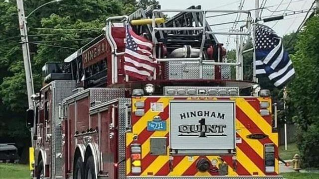 Hingham, MA, firefighters have displayed 'thin blue line' flags on department apparatus following the 2018 killing of a Weymouth police officer.