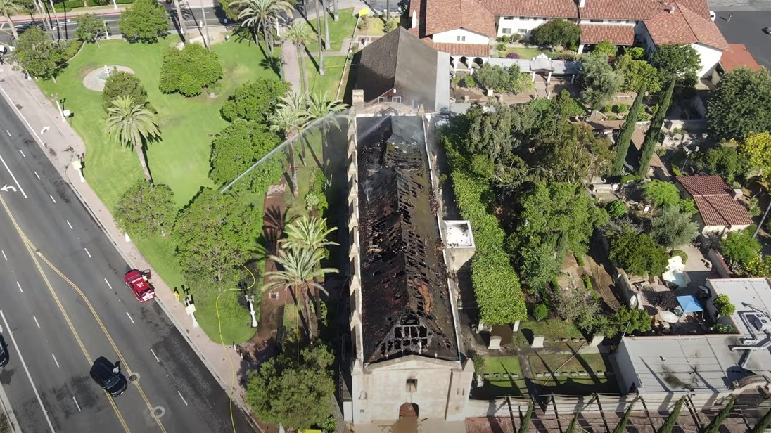A four-alarm blaze destroyed the roof of the 249-year-old San Gabriel Mission early Saturday and had 50 firefighters from the San Gabriel, CA, Fire Department and other agencies responding to it.