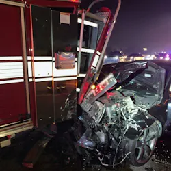 An Allen Park, MI, aerial used as a blocker at the scene of an interstate car fire suffered 'major damage' when it was rear-ended by two vehicles early Saturday. An Allen Park, MI, aerial used as a blocker at the scene of an interstate car fire suffered 'major damage' when it was rear-ended by two vehicles early Saturday.