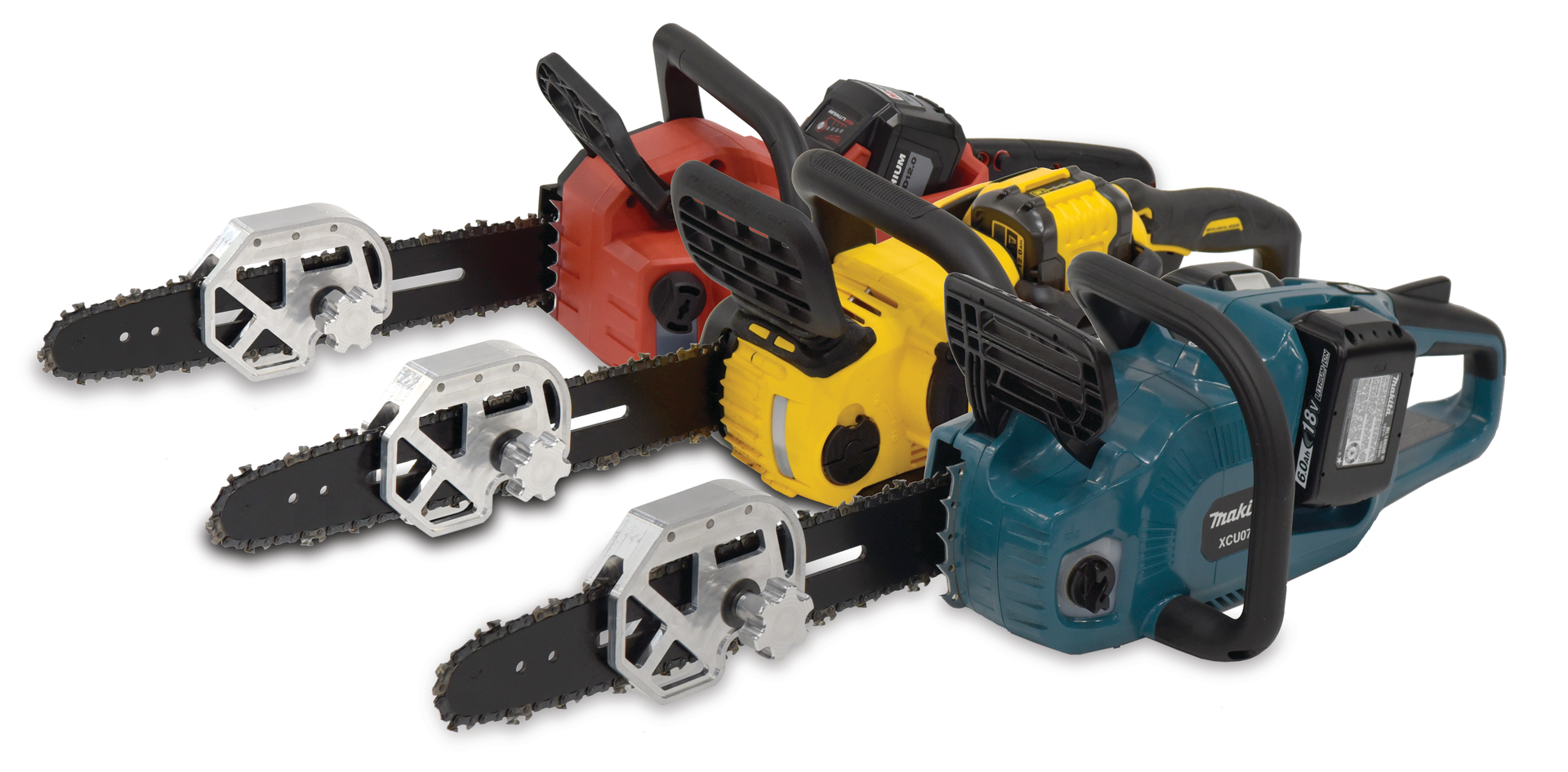 The conversion kit from Super Vac is compatible with Makita XCU07, XCU04 and XCU03 chainsaws; DeWalt DCCS670B and DCCS670X1 chainsaws; and Milwaukee 2727-20 and 2727-21HD chainsaws.