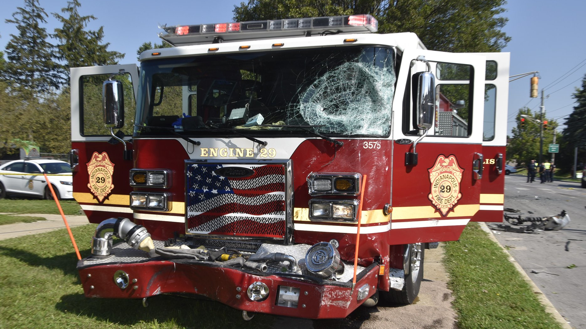 The 71-year-old driver of a silver Jeep Liberty was killed when her vehicle collided with an Indianapolis Fire Department responding to a residential blaze Sunday.