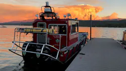 Lake Assault Boats has placed Fireboat 96 into service with the San Bernardino County, CA, Fire District. The 28-foot long vessel serves on Big Bear Lake, and is similar to one stationed on the Colorado River. The massive Apple Fire is seen on the horizon. Lake Assault Boats has placed Fireboat 96 into service with the San Bernardino County, CA, Fire District. The 28-foot long vessel serves on Big Bear Lake, and is similar to one stationed on the Colorado River. The massive Apple Fire is seen on the horizon.