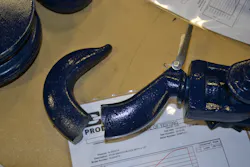 The large 4.5-inch hook was the failure point for this 8,000-lb.-rated snatch block during destructive load testing in a laboratory setting. Failure occurred just beyond 38,700 lbs. The large 4.5-inch hook was the failure point for this 8,000-lb.-rated snatch block during destructive load testing in a laboratory setting. Failure occurred just beyond 38,700 lbs.