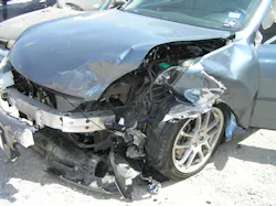 Figure 1. As you approach this sedan, you note an offset frontal crash and that the driver’s door already is open. Start thinking about potential mechanism of injury possibilities for at least the driver prior to making patient contact. Figure 1. As you approach this sedan, you note an offset frontal crash and that the driver’s door already is open. Start thinking about potential mechanism of injury possibilities for at least the driver prior to making patient contact.