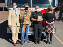 The Spartan Axe dedication ceremony included (from left): Warfighter Hemp founder Lt. Col. Steve Danyluk; U.S. Army Veteran and Radio Host Boone Cutler; Spokane Fire Department Chief Brian Schaeffer; and Spokane Mayor Nadine Woodward. The Spartan Axe dedication ceremony included (from left): Warfighter Hemp founder Lt. Col. Steve Danyluk; U.S. Army Veteran and Radio Host Boone Cutler; Spokane Fire Department Chief Brian Schaeffer; and Spokane Mayor Nadine Woodward.