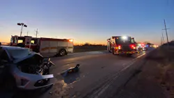 Crown Point, IN, firefighters extricated the trapped driver of a car in heavily impacted crash along U.S. 231 on Monday. Crown Point, IN, firefighters extricated the trapped driver of a car in heavily impacted crash along U.S. 231 on Monday.