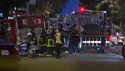 A San Francisco firefighter was critically injured by a hose line during a high-rise blaze Monday. A San Francisco firefighter was critically injured by a hose line during a high-rise blaze Monday.