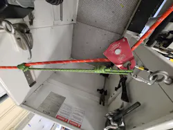 The best way to secure the flag is with a simple rope system that incorporates a utility rope, a Prusik and a pulley. This works well for allowing the flag to be raised and secured while still allowing for minor adjustments. The best way to secure the flag is with a simple rope system that incorporates a utility rope, a Prusik and a pulley. This works well for allowing the flag to be raised and secured while still allowing for minor adjustments.