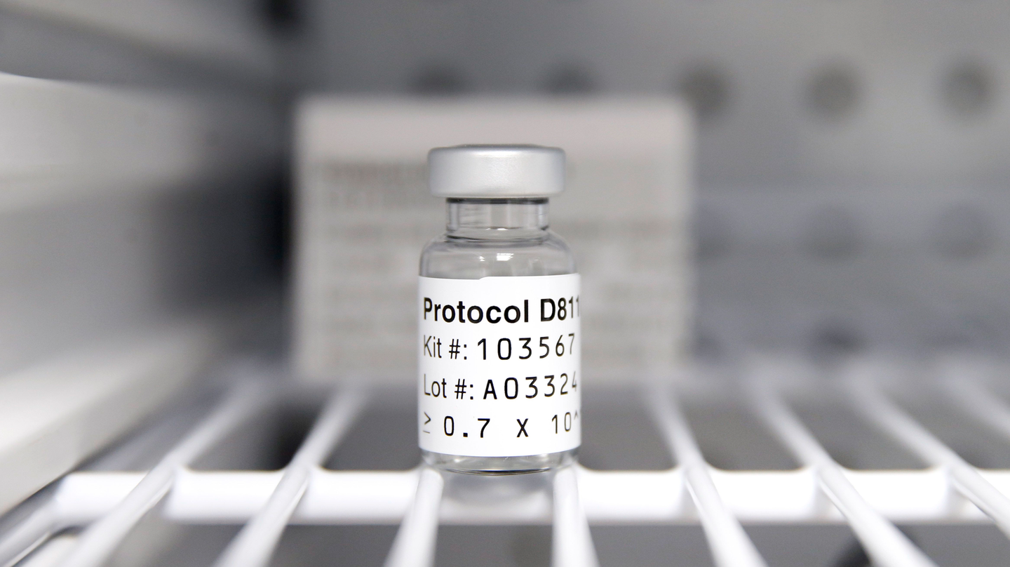 A sterile vial of AstraZeneca Phase III trial COVID-19 vaccine sits in a refrigerator at the Prism Health North Texas location in Oak Cliff.