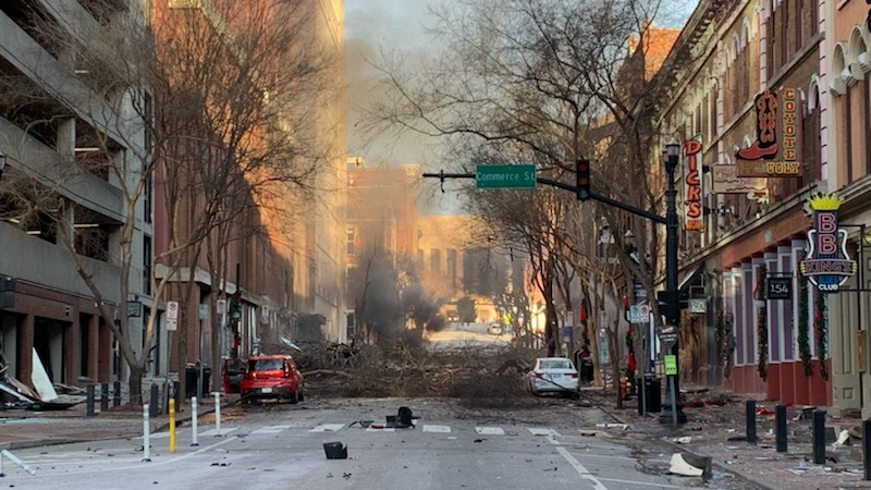 The scene following an early-morning explosion in Nashville, TN, on Christmas Day, Dec. 25, 2020.