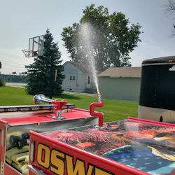 Mike Kalman's mini-fire apparatus is outfitted with a functioning water cannon that can shoot a continuous stream up to 30 feet for just over five minutes. Mike Kalman's mini-fire apparatus is outfitted with a functioning water cannon that can shoot a continuous stream up to 30 feet for just over five minutes.