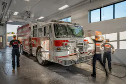 The separate decontamination building was designed to permit apparatus washing, so contaminants that are removed from vehicles don’t wash onto the bay floor in the main building. The separate decontamination building was designed to permit apparatus washing, so contaminants that are removed from vehicles don’t wash onto the bay floor in the main building.