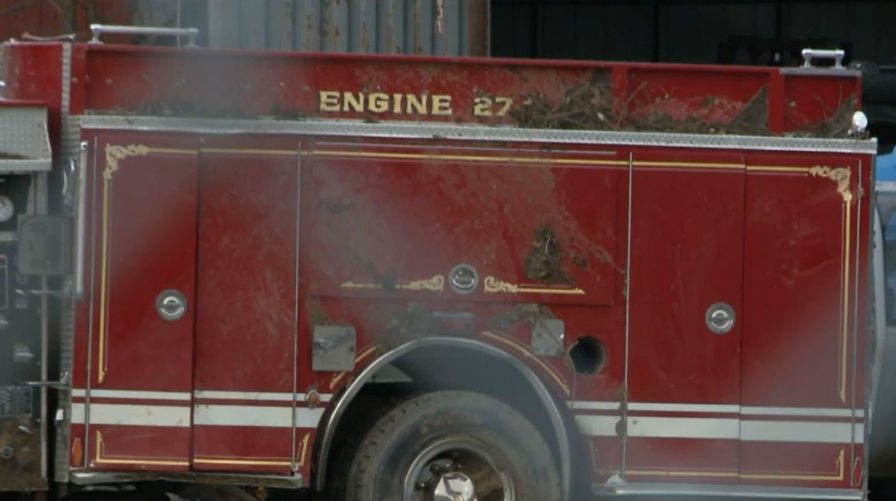 Damage can be seen on Mastersonville, PA, Fire Company's Engine 27 after it crashed on the way to a barn fire on Sunday, Jan. 24, 2021, sending four firefighters to the hospital.