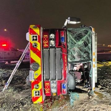An icy overpass sent San Antonio Fire Department's Engine 34, spinning and sliding before eventually overturning while responding to a call early Sunday.