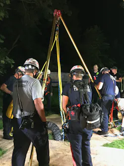 Per standard protocol, the atmospheric conditions in the confined space were double-checked against the reading from the four-gas meter that the very first rescuer brought down into the hole with him. Quite quickly after the second meter was lowered into the hole, its alarm sounded. The oxygen level in the confined space was low. A ventilation fan was brought in to mitigate the problem. Per standard protocol, the atmospheric conditions in the confined space were double-checked against the reading from the four-gas meter that the very first rescuer brought down into the hole with him. Quite quickly after the second meter was lowered into the hole, its alarm sounded. The oxygen level in the confined space was low. A ventilation fan was brought in to mitigate the problem.