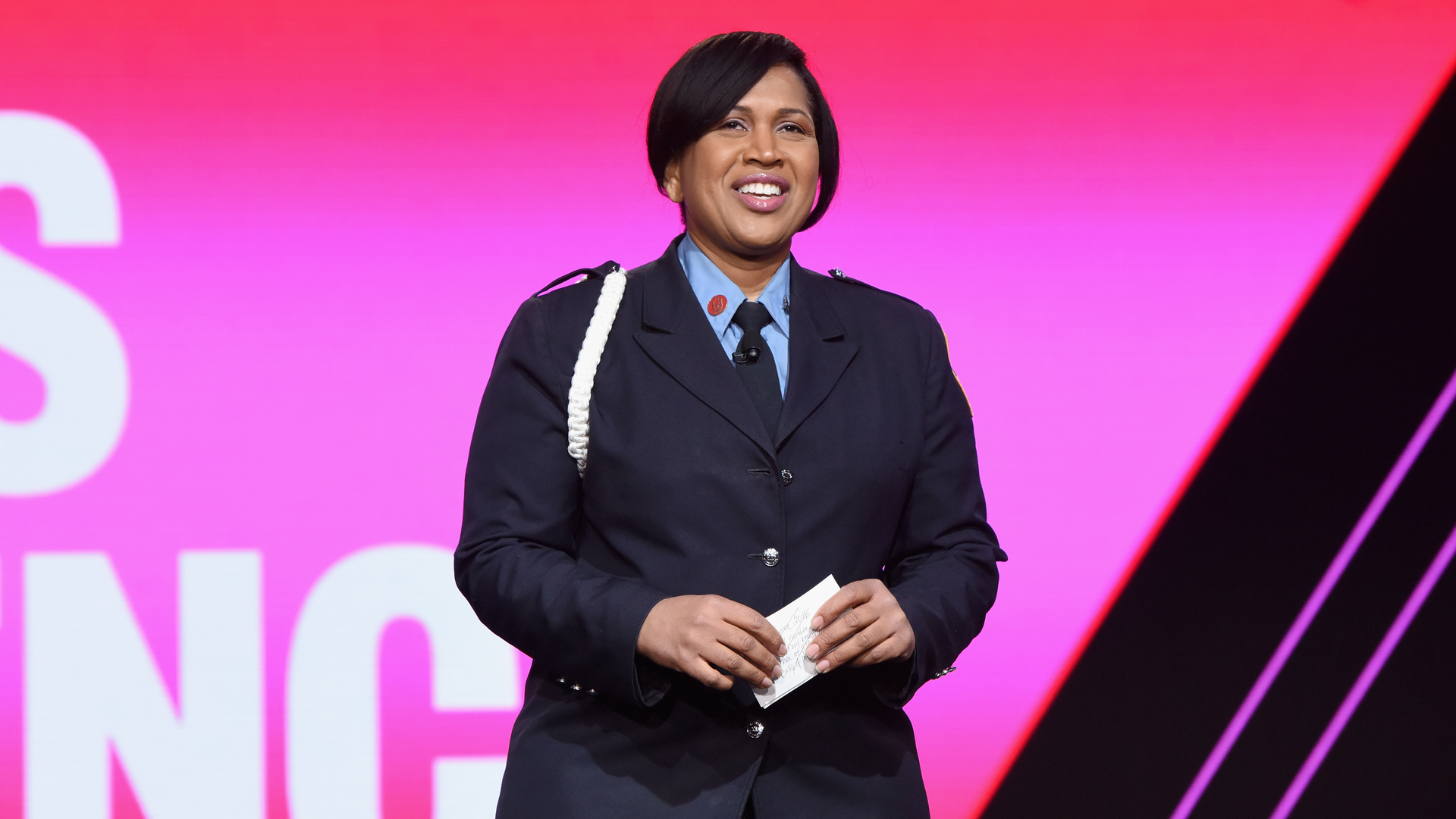 FDNY firefighter Regina Wilson, who became the first female head of the Vulcan Society in 2015, speaks during the 2019 MAKERS Conference at Monarch Beach Resort in Dana Point, CA.