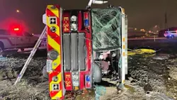 Icy roads during February's severe winter weather contributed to the rollover accident of a San Antonio fire apparatus. Icy roads during February's severe winter weather contributed to the rollover accident of a San Antonio fire apparatus.
