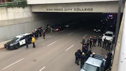 Police gather outside the tunnel along B Street at San Diego City College after a car plowed into at least eight people on the sidewalk on Monday, March 15, 2021. Police gather outside the tunnel along B Street at San Diego City College after a car plowed into at least eight people on the sidewalk on Monday, March 15, 2021.