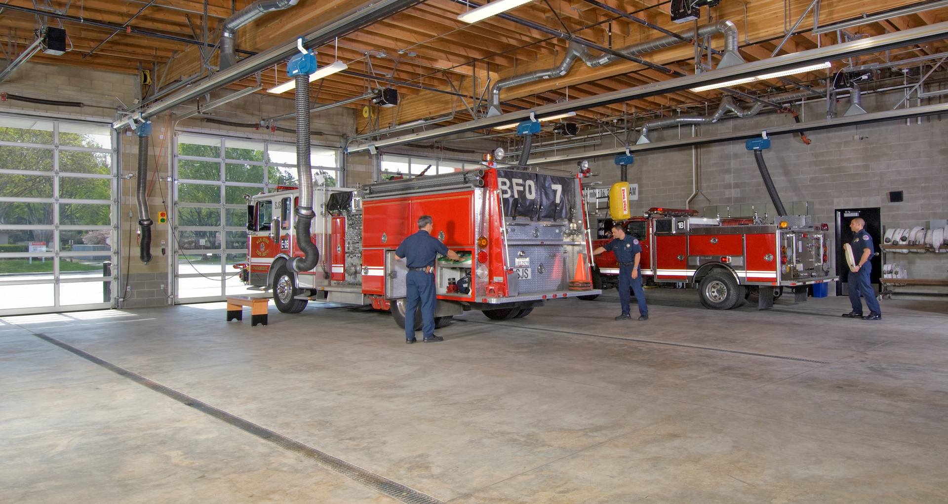 The apparatus bays of the San Jose, CA, Fire Department&rsquo;s Station 35 have exposed concrete floors and exposed concrete masonry unit (CMU) walls. Concrete floors are highly durable and require little maintenance. The same can be said for walls that are constructed out of CMU once the CMU is sealed.