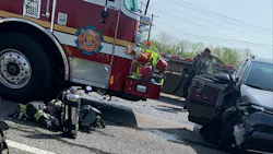 A Richmond, VA, Fire Department apparatus used as a blocker at the scene of a car fire was struck by another vehicle Wednesday. A Richmond, VA, Fire Department apparatus used as a blocker at the scene of a car fire was struck by another vehicle Wednesday.