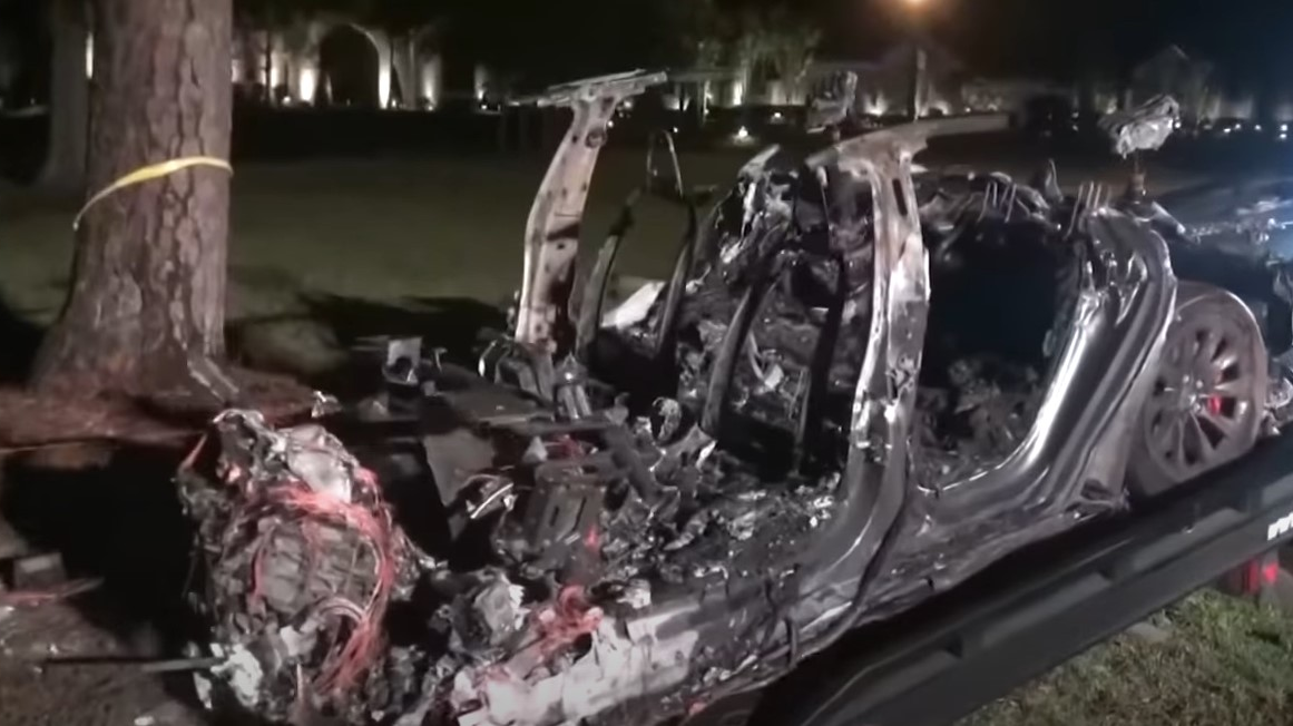 Woodlands, TX, firefighters worked for nearly four hours to extinguish the flames of a Tesla that crashed and exploded Saturday night, killing two people.