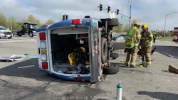Five people were injured when a privately owned Virginia Beach, VA, ambulance collided with a car Monday, putting the emergency vehicle on its side. Five people were injured when a privately owned Virginia Beach, VA, ambulance collided with a car Monday, putting the emergency vehicle on its side.