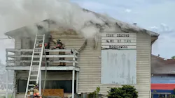 A Springfield, IL, firefighter was injured by a falling ceiling while battling a fire at a former sports and recreation complex Monday. A Springfield, IL, firefighter was injured by a falling ceiling while battling a fire at a former sports and recreation complex Monday.