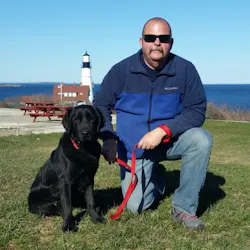 Sheldon and Saginaw, TX, Fire Department Battalion Chief John Tadlock, the dog's handler. Sheldon and Saginaw, TX, Fire Department Battalion Chief John Tadlock, the dog's handler.