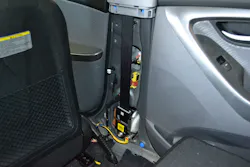 This Hyundai Elantra has spool-rewinding seatbelt pretensioners. With the trim removed, the unit is visible. The yellow wiring provides power to the pretensioner. The side-impact crash sensor is the yellow block that’s higher up on the B-pillar. This Hyundai Elantra has spool-rewinding seatbelt pretensioners. With the trim removed, the unit is visible. The yellow wiring provides power to the pretensioner. The side-impact crash sensor is the yellow block that’s higher up on the B-pillar.