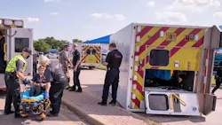 Three medics were injured when their MedStar ambulance rolled over after a collided with the unit in Fort Worth, TX, on Sunday. Three medics were injured when their MedStar ambulance rolled over after a collided with the unit in Fort Worth, TX, on Sunday.