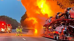 Hope, PA, firefighters led a response to put out a car-carrier fire along Interstate 80 early Thursday. Hope, PA, firefighters led a response to put out a car-carrier fire along Interstate 80 early Thursday.