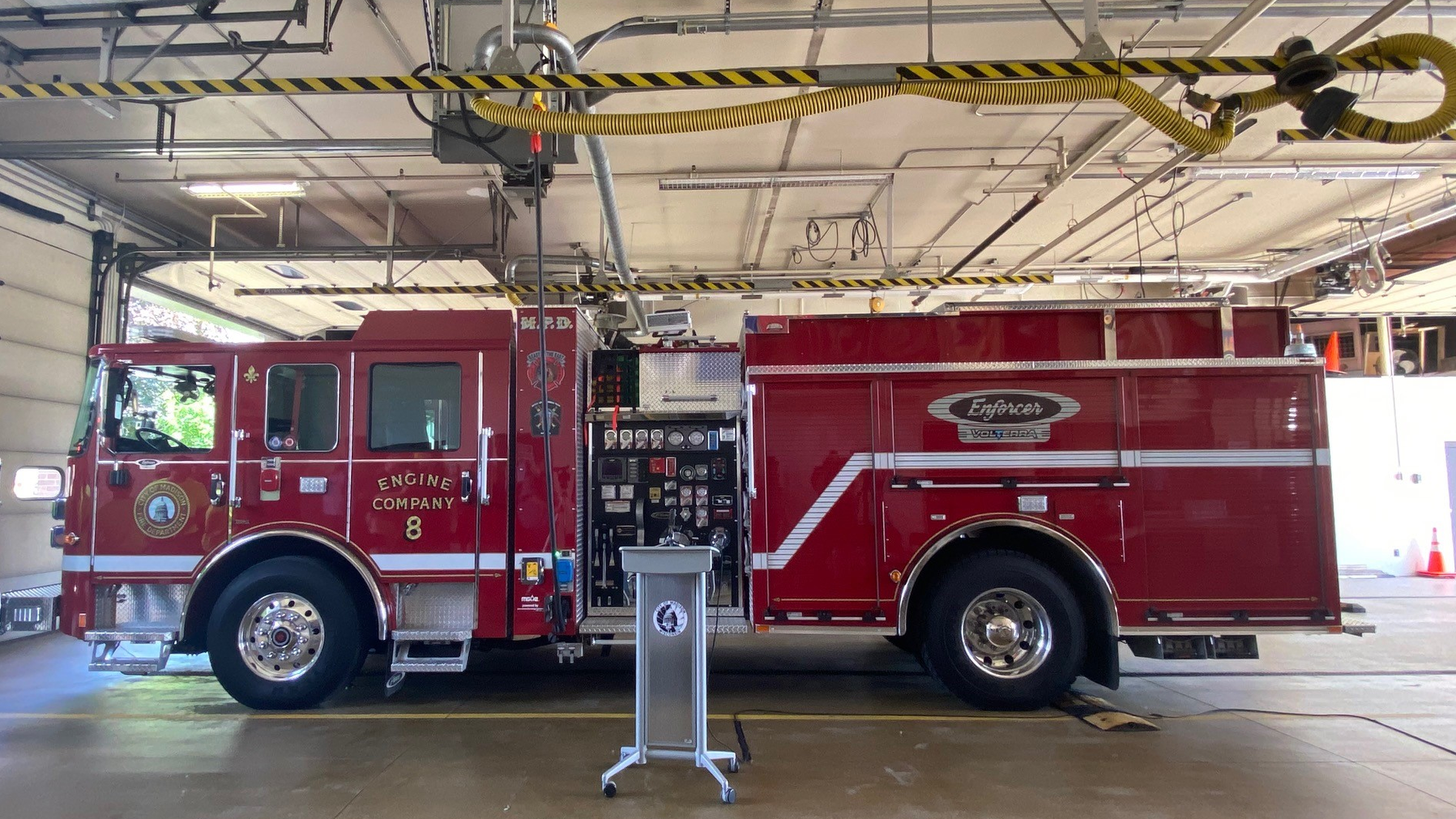 The new Pierce Volterra electric fire engine was announced Monday at Madison, WI, Fire Station 8.