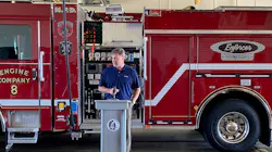 Pierce President Jim Johnson shares the news about the Volterra fire apparatus Monday. Pierce President Jim Johnson shares the news about the Volterra fire apparatus Monday.