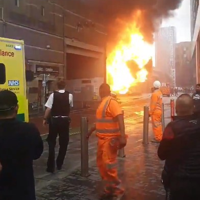 A fiery explosion erupted during a blaze near the Elephant and Castle station in south London on Monday as roughly 100 London firefighters battled the flames.