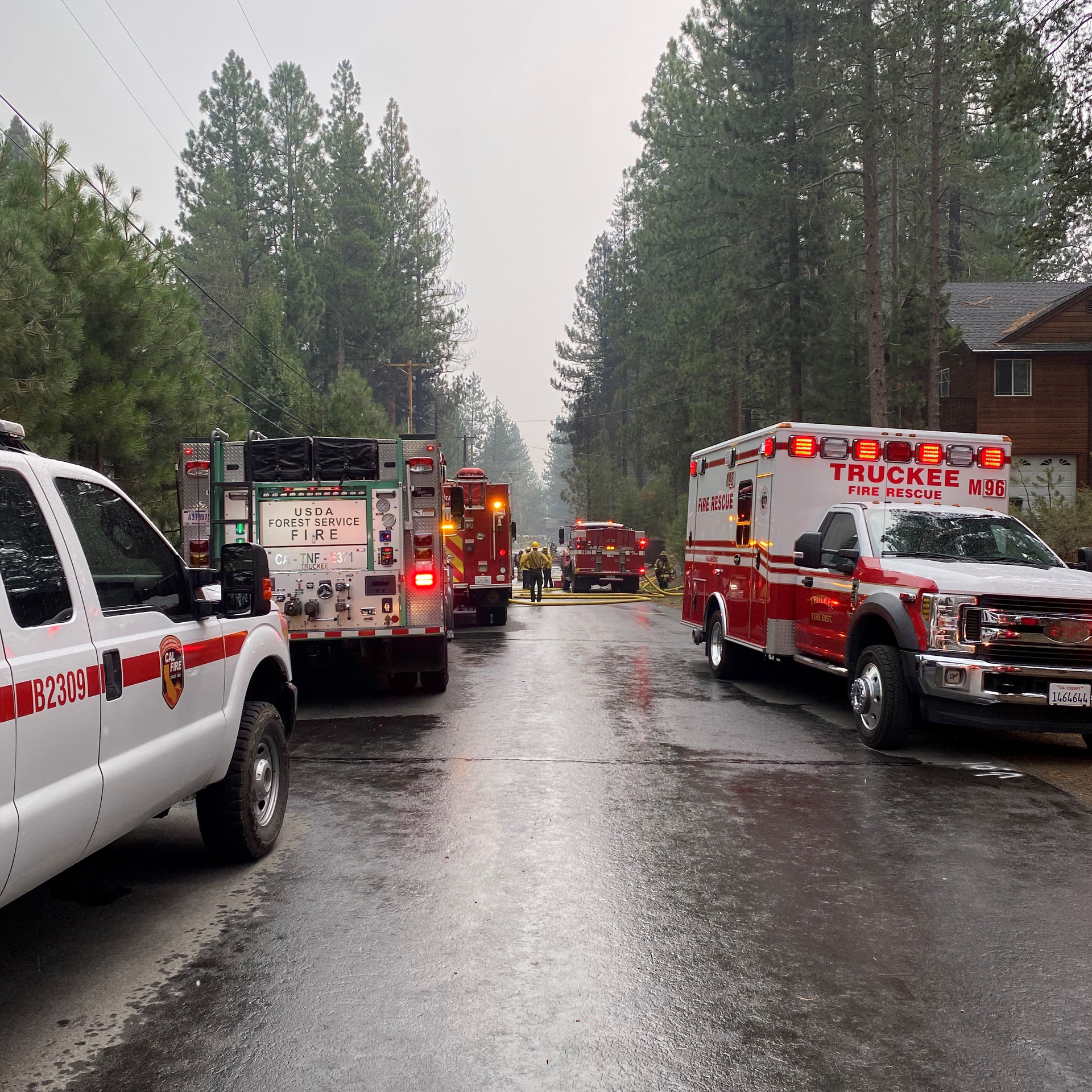 Firefighters extinguished a fiery plane crash after a jet smashed into trees as it was trying to land at the Truckee, CA, Tahoe Airport on Monday.