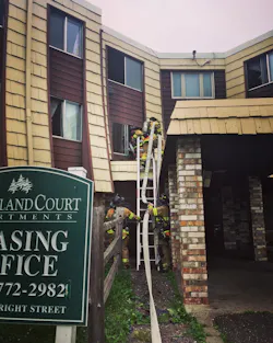 Members should bring the preferred hoseline up through the window of the apartment that’s adjacent to the fire apartment and ensure that there’s enough working line to make it to and to cover the entire fire apartment. Members should bring the preferred hoseline up through the window of the apartment that’s adjacent to the fire apartment and ensure that there’s enough working line to make it to and to cover the entire fire apartment.