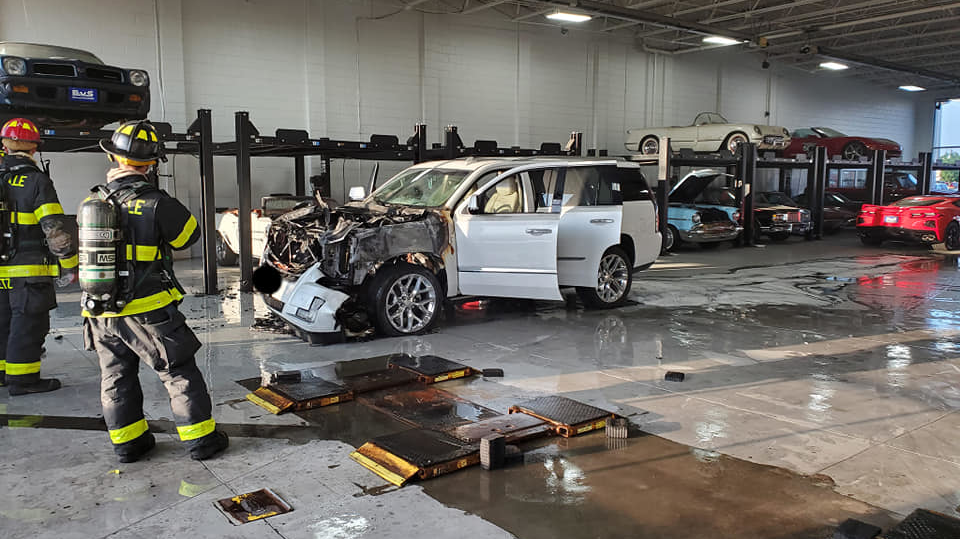 A Saukville, WI, firefighter was seriously injured battling a vehicle fire at a car dealership Monday.