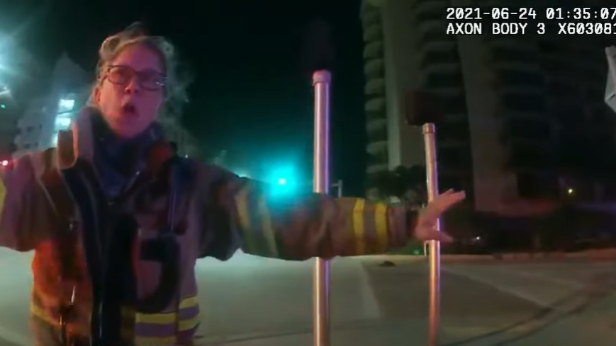Newly released body camera video captures first responders in the first moments of the partial collapse of Surfside, FL, condo collapse in June.