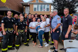 FDNY firefighters and family help Liam Dominguez Rodriguez celebrate his third birthday. The firefighters rescued the boy from an arson fire. FDNY firefighters and family help Liam Dominguez Rodriguez celebrate his third birthday. The firefighters rescued the boy from an arson fire.