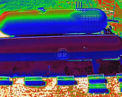An infrared camera that’s installed on a drone facilitates the determination of liquid levels in ammonia and propane tanks via the temperature readings of the liquid. An infrared camera that’s installed on a drone facilitates the determination of liquid levels in ammonia and propane tanks via the temperature readings of the liquid.