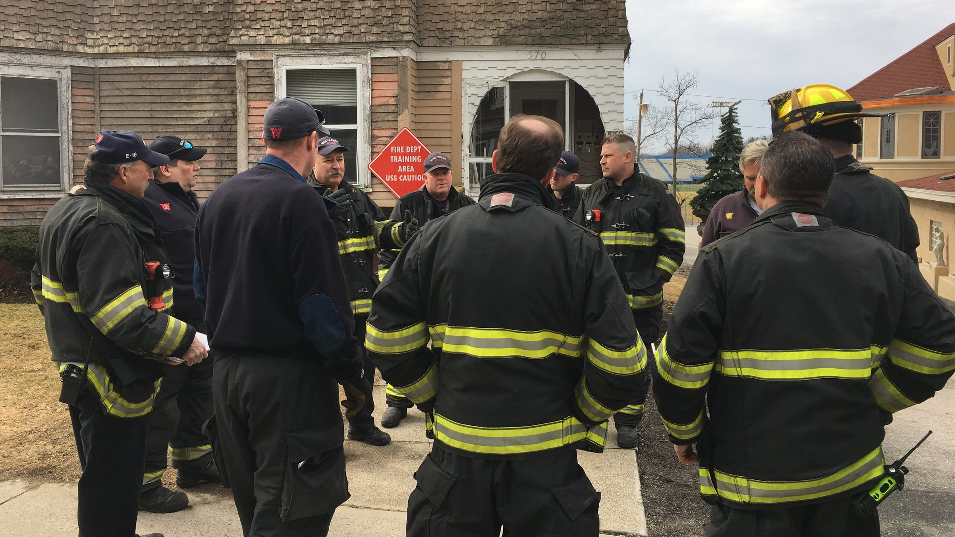 Worcester firefighters talk during an RIT training session in February 2018.