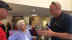 Firefighter Jim Miller discusses evacuation safety with residents of an independent-living community during a community health fair. Empowering firefighters to interact with elders beyond incidents is a component of SMFR’s Aging Matters CRR program. Firefighter Jim Miller discusses evacuation safety with residents of an independent-living community during a community health fair. Empowering firefighters to interact with elders beyond incidents is a component of SMFR’s Aging Matters CRR program.