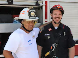 Steven Torrez (left) is wearing the helmet that was donated by MSA Cairns as he poses with Firefighter Gerry Dillman of the Twin Falls, ID, Fire Department. Steven Torrez (left) is wearing the helmet that was donated by MSA Cairns as he poses with Firefighter Gerry Dillman of the Twin Falls, ID, Fire Department.