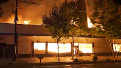 Fire consumes an abandoned commercial building in San Diego, CA, on Tuesday, Oct. 19, 2021. Fire consumes an abandoned commercial building in San Diego, CA, on Tuesday, Oct. 19, 2021.