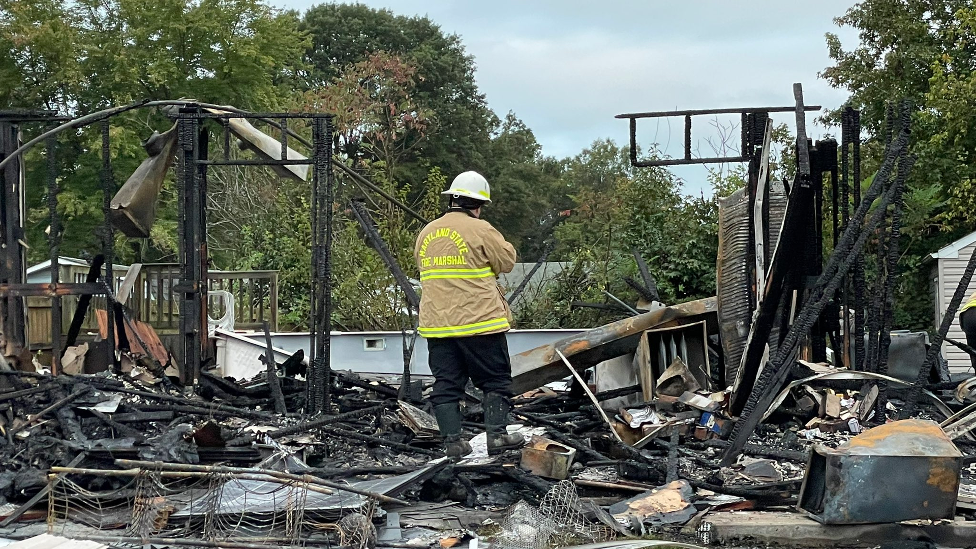The aftermath of a suspected gas explosion that leveled a home in Edgewood, MD, on Sunday, Oct. 10, 2021.