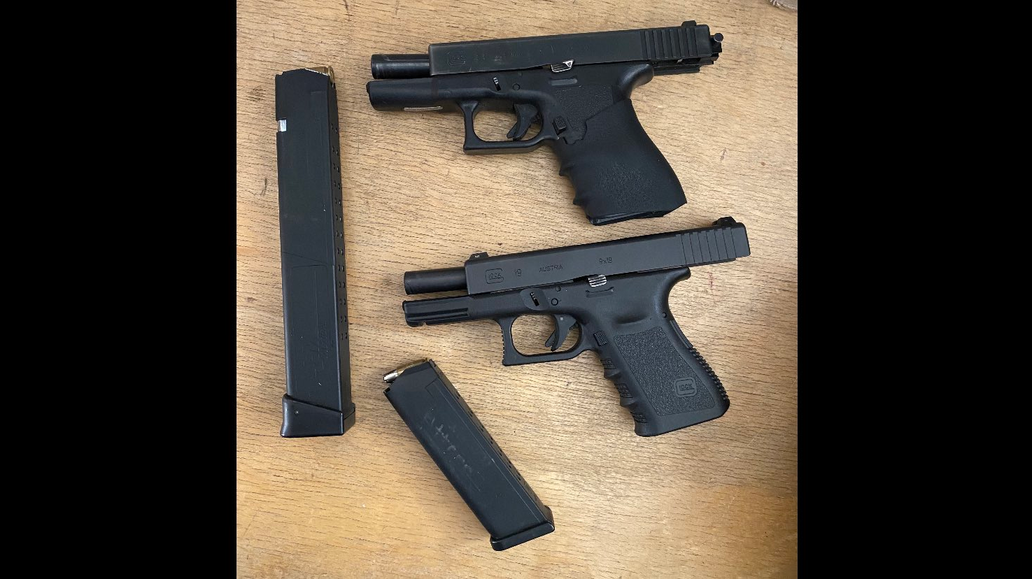 Two 9mm Glock handguns found by an Oakland firefighter in an incident that led to a confrontation at a city fire station.