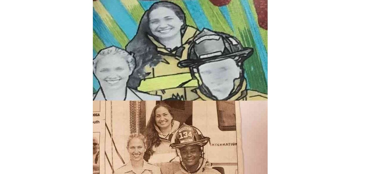 A public mural that went up in 2020 which was immediately removed amid outcry over how it depicted the first Black female firefighter in Boynton Beach, FL, from the photo in the image below.