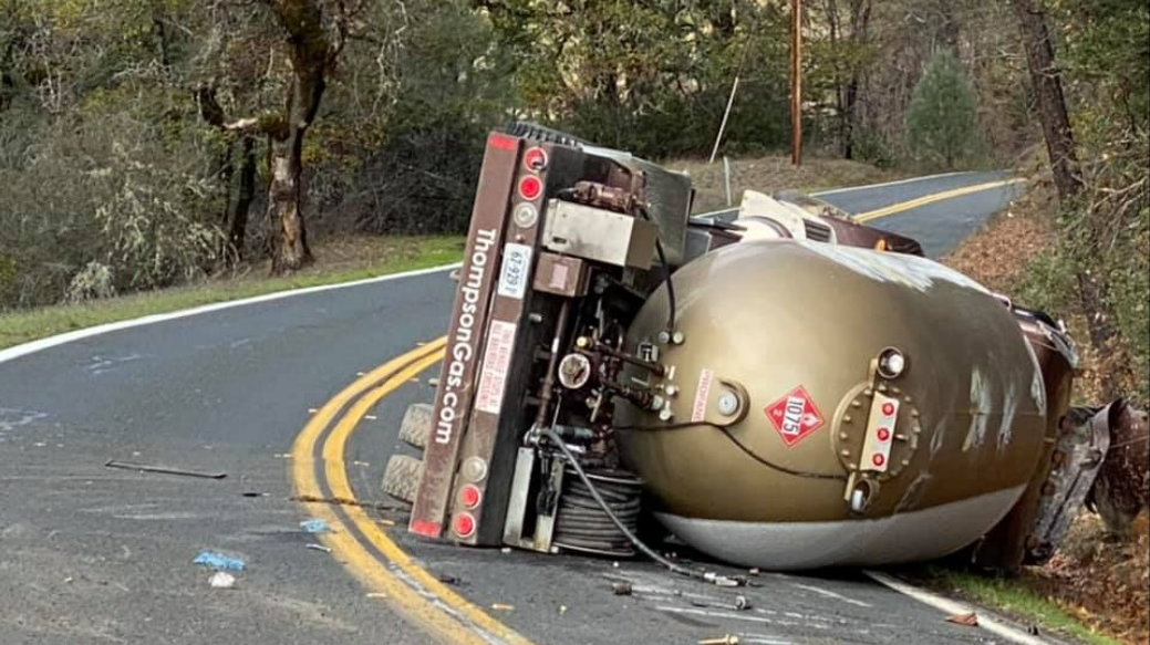 An overturned tanker leaking propane that caused a highway closure in Mendocino County, CA.