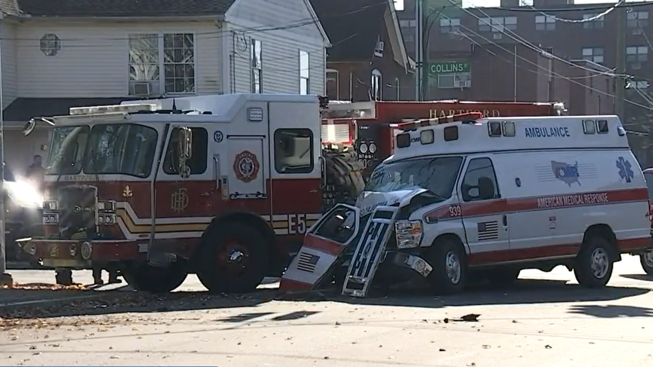 Hartford firefighters and AMR ambulance attendants involved in an accident were hospitalized.